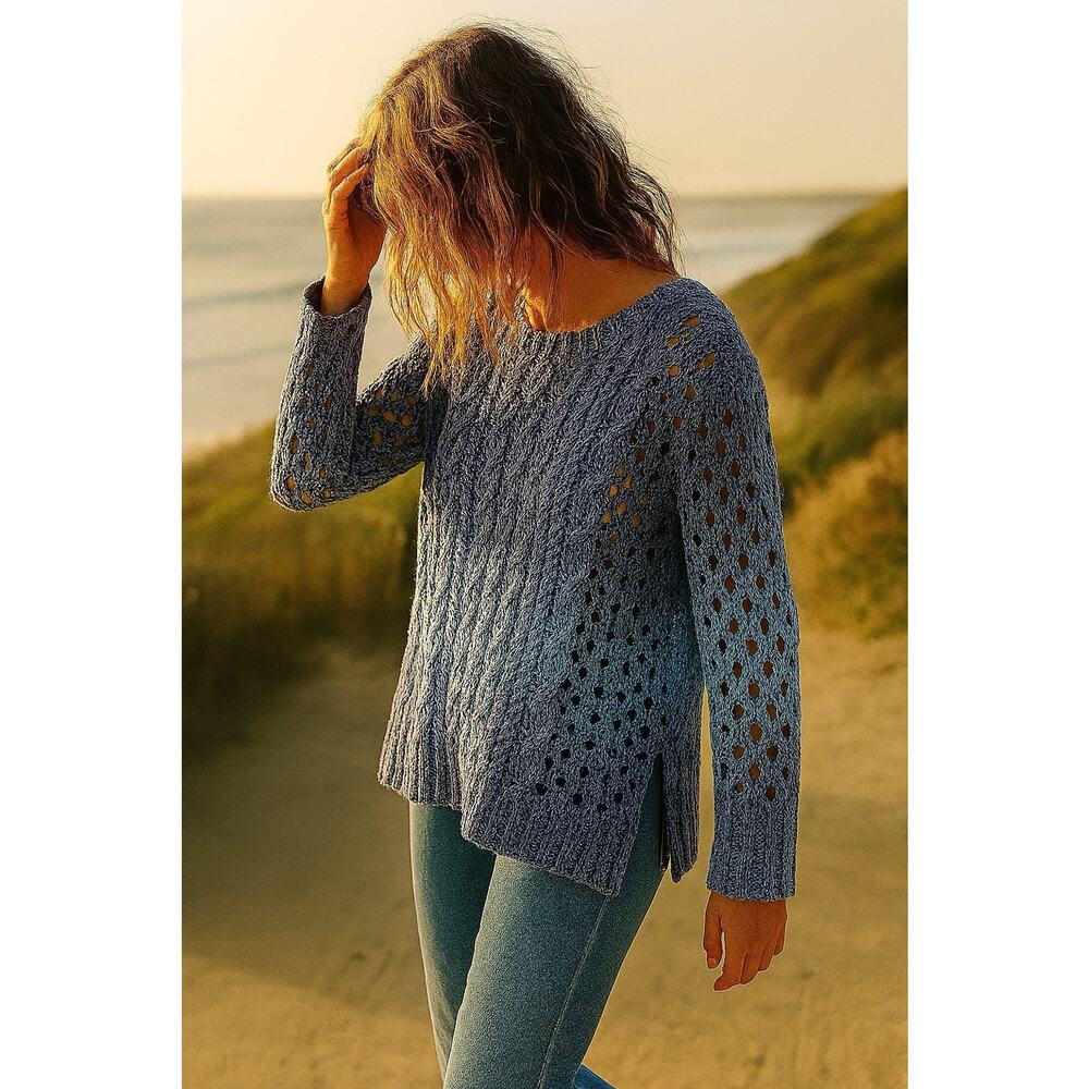 Coldwater Creek Oversized Beachy Summer Sweater XS - Blue Ombre Open CableKnit